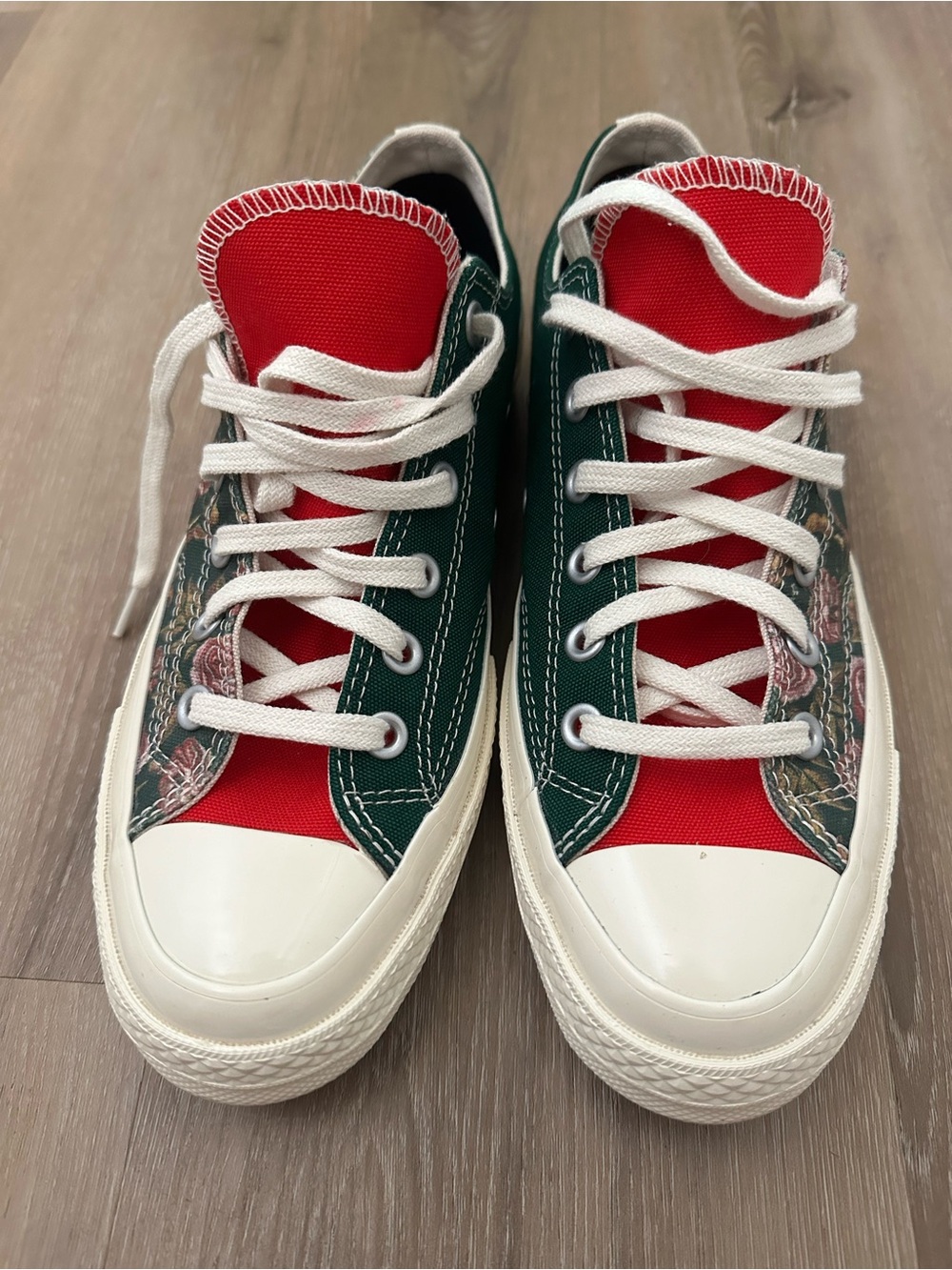 Converse Red and Green Canvas Low-Top Sneakers with Floral Accent